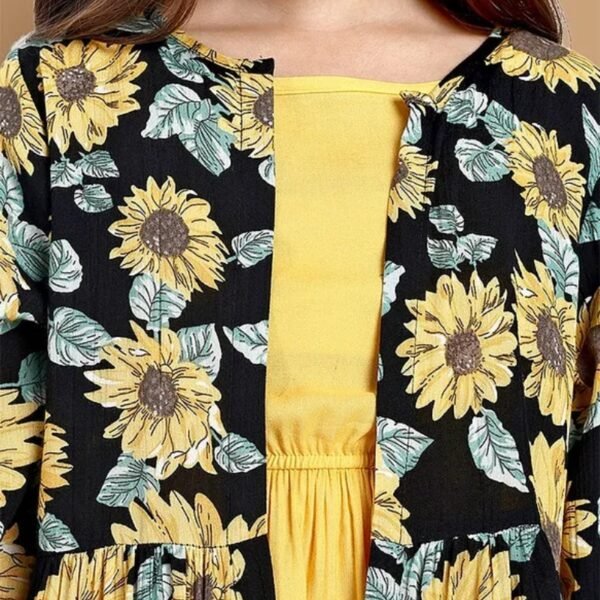 Little Marine Full Sleeves Sunflower Printed Shrug With Solid Fit & Flare Midi Dress - Yellow - Image 3