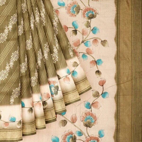 MEHANDI GREEN and CREAM FLORAL JAAL SILK Saree with FANCY - Image 2