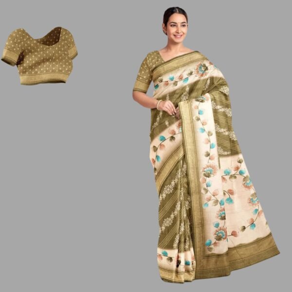 MEHANDI GREEN and CREAM FLORAL JAAL SILK Saree with FANCY