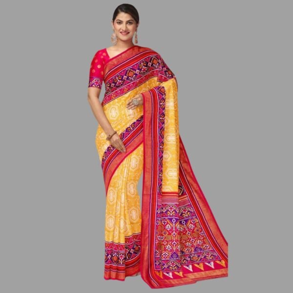 MUSTARD and DARK PINK DIGITAL PRINT SILK Saree with FANCY