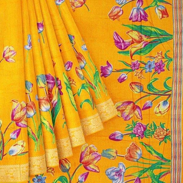MUSTARD and MULTI FLORALS SILK Saree with BANARASI FANCY - Image 2
