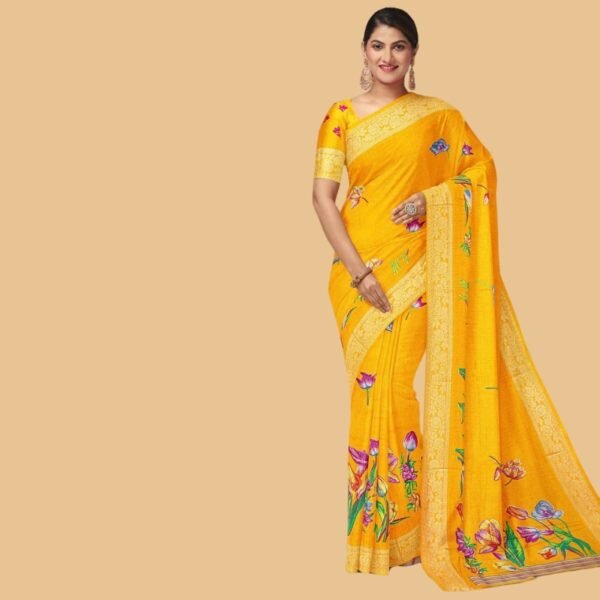 MUSTARD and MULTI FLORALS SILK Saree with BANARASI FANCY