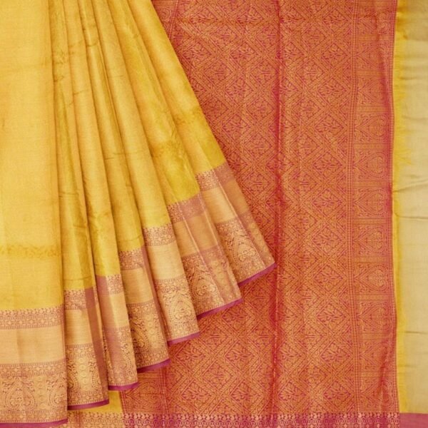 MUSTARD and PURPLE FLORAL JAAL TISSUE Saree with BANARASI FANCY - Image 2