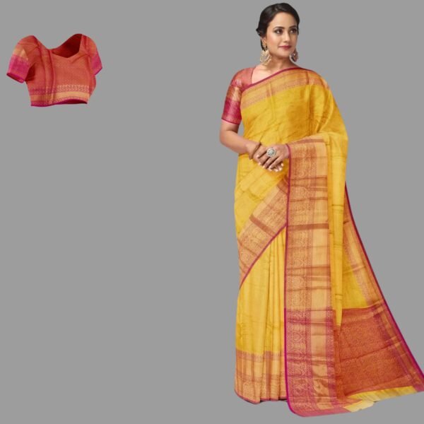 MUSTARD and PURPLE FLORAL JAAL TISSUE Saree with BANARASI FANCY
