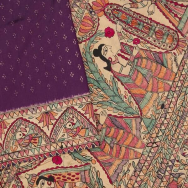 Madhubani Painted Purple Saree - Image 2