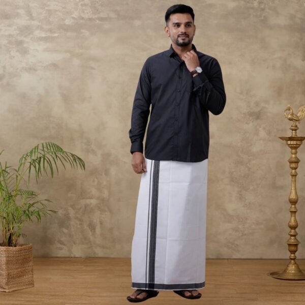 Men Black Matching Border Dhoti & Full Sleeves Shirt Set Evolution IC10