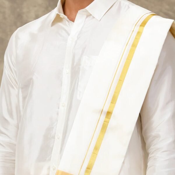 Men Cream Art Silk Full Sleeves Shirt, Double Dhoti with Towel Combo - Image 2