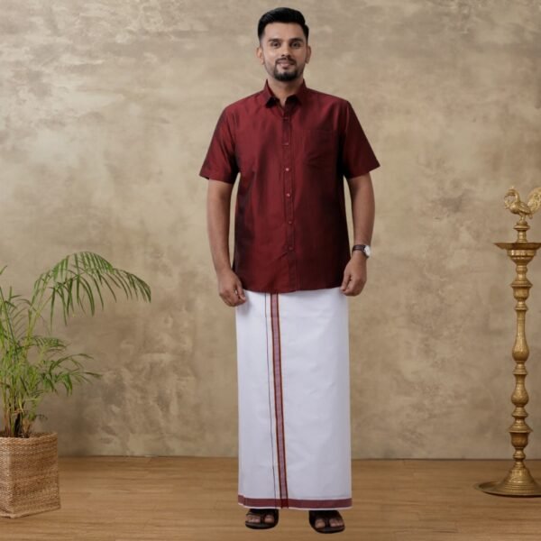 Men Matching Jari Border Dhoti & Shirt Set Half Maroon VB7