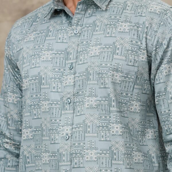 Men Slate Green Matching Border Dhoti With Printed Shirt Set Fusion PS3 - Image 2