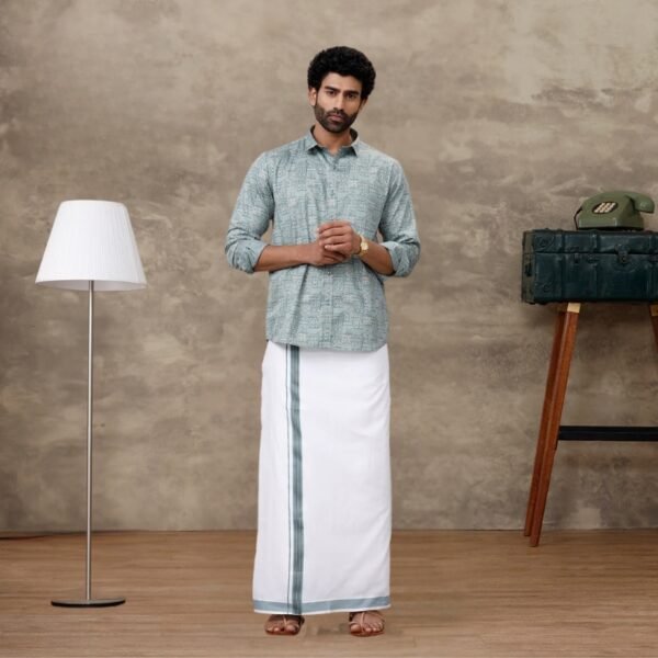 Men Slate Green Matching Border Dhoti With Printed Shirt Set Fusion PS3