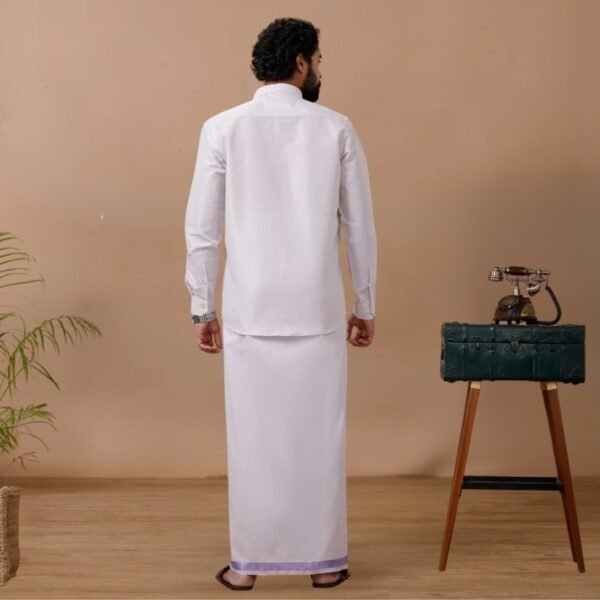 Men Tissue Lavender Dhoti & Full Sleeves Shirt Set - Image 3
