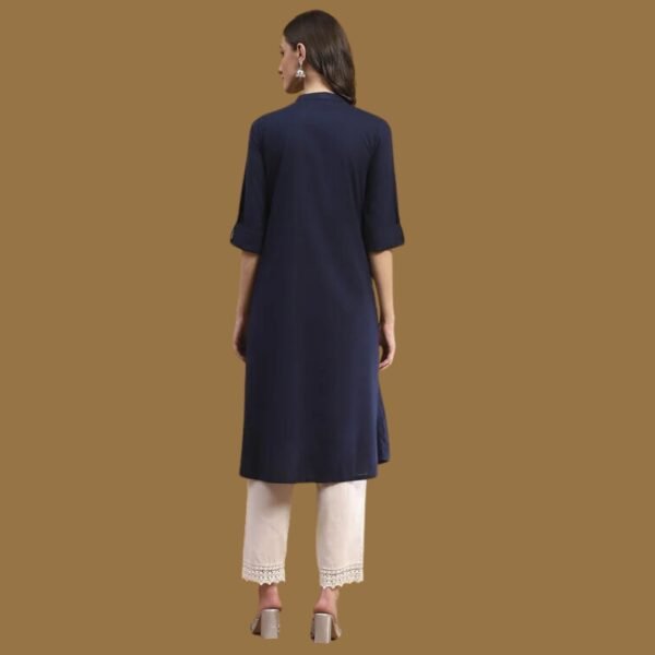 Navy Blue Cotton Solid Pleated A-Line Kurta - Image 2