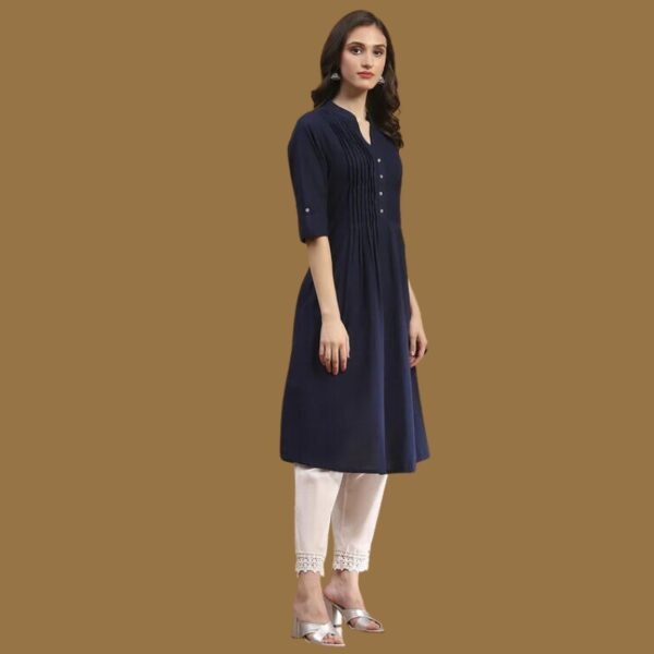 Navy Blue Cotton Solid Pleated A-Line Kurta - Image 3