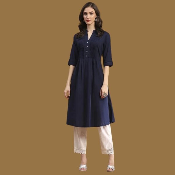 Navy Blue Cotton Solid Pleated A-Line Kurta