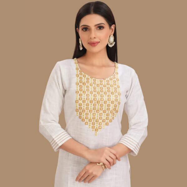Off White Linen Cotton Straight Cut Kurti - Image 3