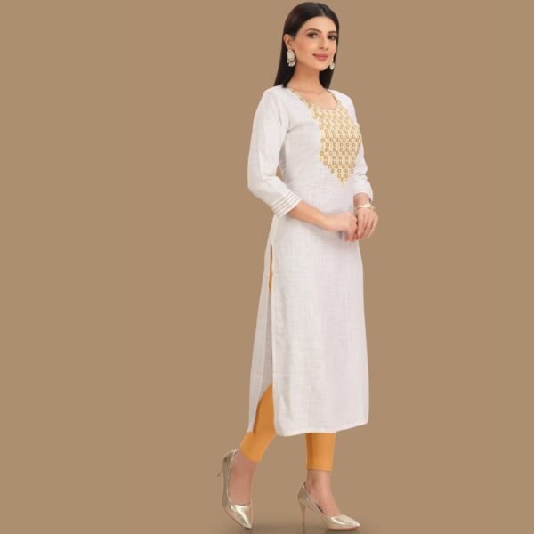 Off White Linen Cotton Straight Cut Kurti - Image 4