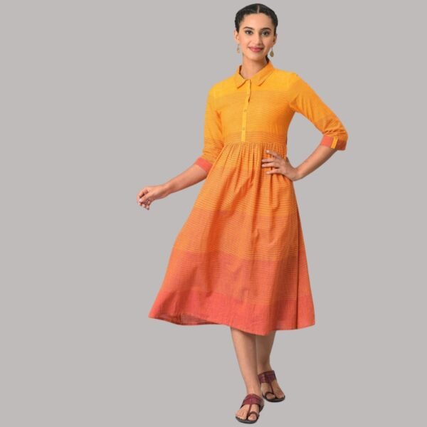 Orange Ombre Shirt Collar Summer Dress