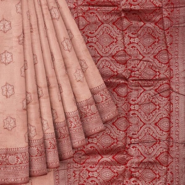 PEACH and MAROON FLORAL BUTTIS SILK Saree with BANARASI FANCY - Image 2