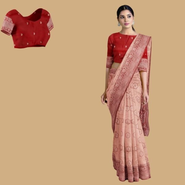 PEACH and MAROON FLORAL BUTTIS SILK Saree with BANARASI FANCY