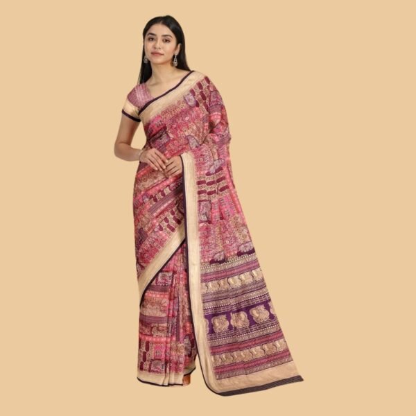 PINK and DARK PURPLE DIGITAL PRINT SILK Saree with FANCY
