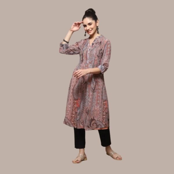 Peach & Blue Polyester Straight Printed Kurta