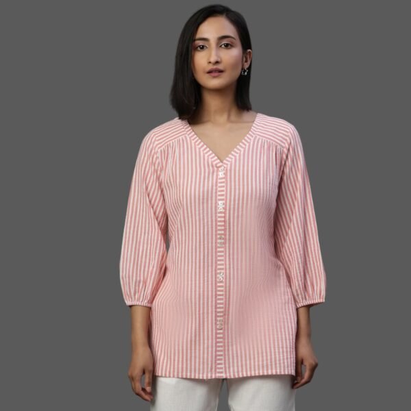 Peach Lurex Crepe Stripe Short Kurti