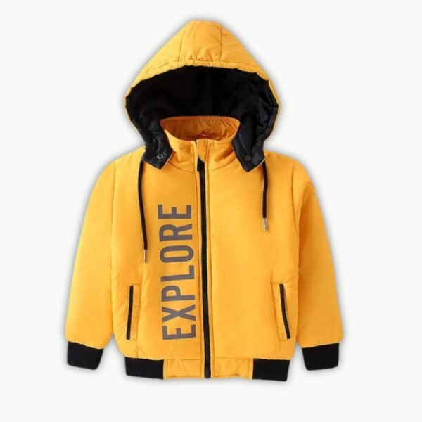 Pine Kids Full Sleeves Solid Color With Explore Printed Medium Winter Hooded Jacket - Yellow