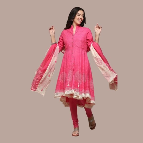 Pink Cotton Anarkali Solid Kurta Churidar Suit Set