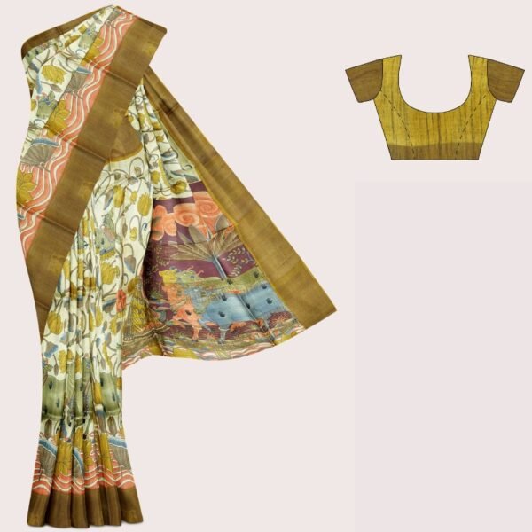 Pure Tussar Pichwai Design Cream And Yellow Saree