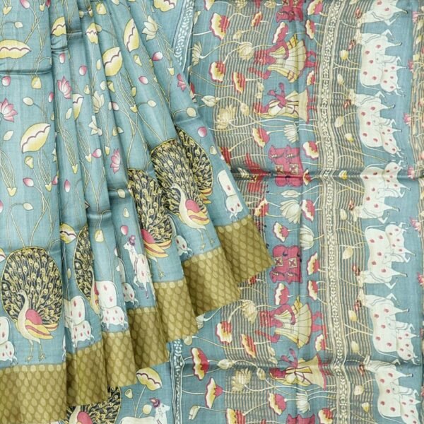 Pure Tussar Pichwai Digital Print Ash And Mehandi Green Saree - Image 2