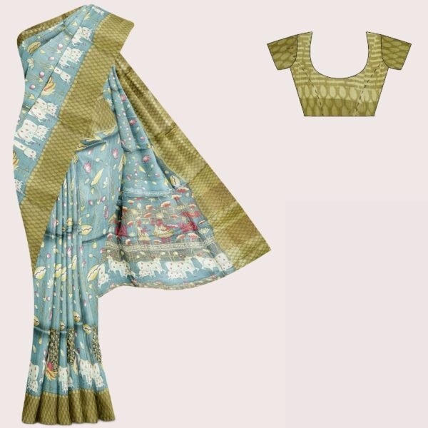 Pure Tussar Pichwai Digital Print Ash And Mehandi Green Saree
