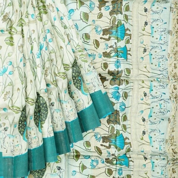 Pure Tussar Pichwai Digital Print HalfWhite And Blue Saree - Image 2