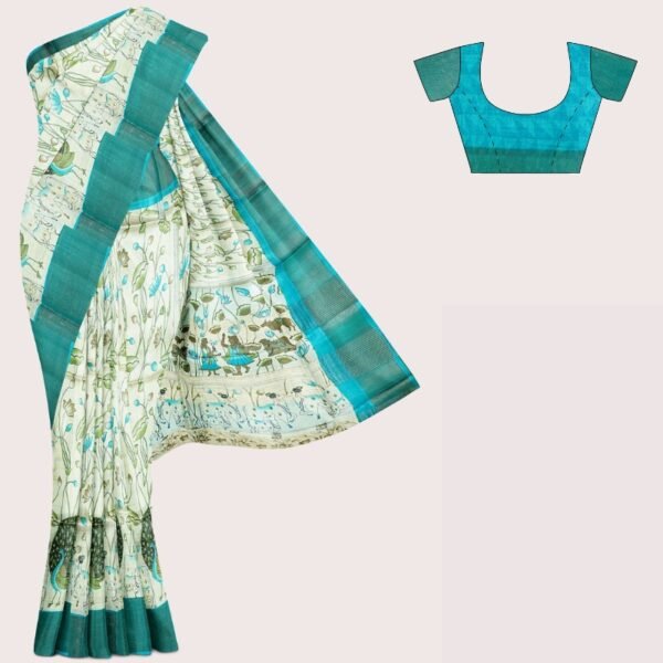 Pure Tussar Pichwai Digital Print HalfWhite And Blue Saree
