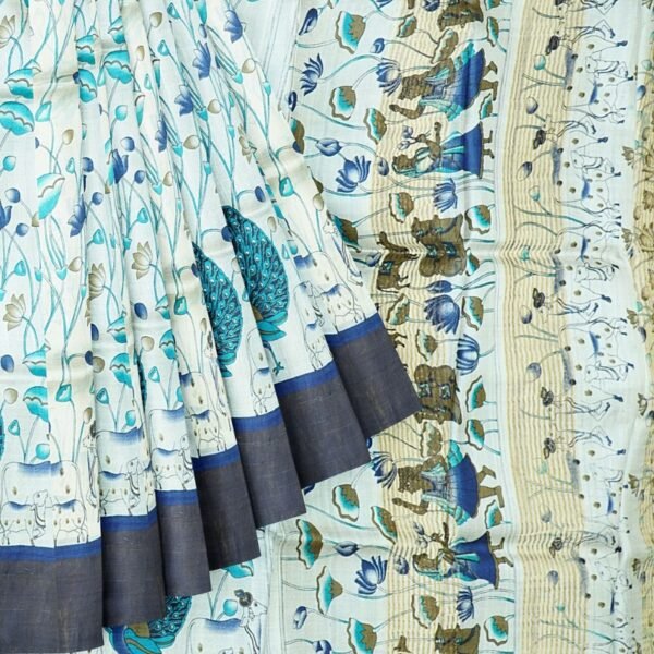 Pure Tussar Pichwai Digital Print HalfWhite And Navy Blue - Image 2