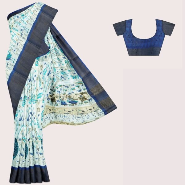 Pure Tussar Pichwai Digital Print HalfWhite And Navy Blue