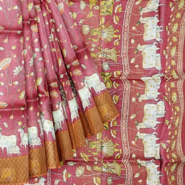 Pure Tussar Pichwai Digital Print Pink And Brown Saree - Image 2