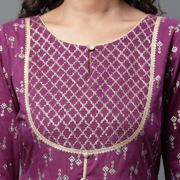 Purple Heavy Yoke Embroidered Flared Kurta - Image 2