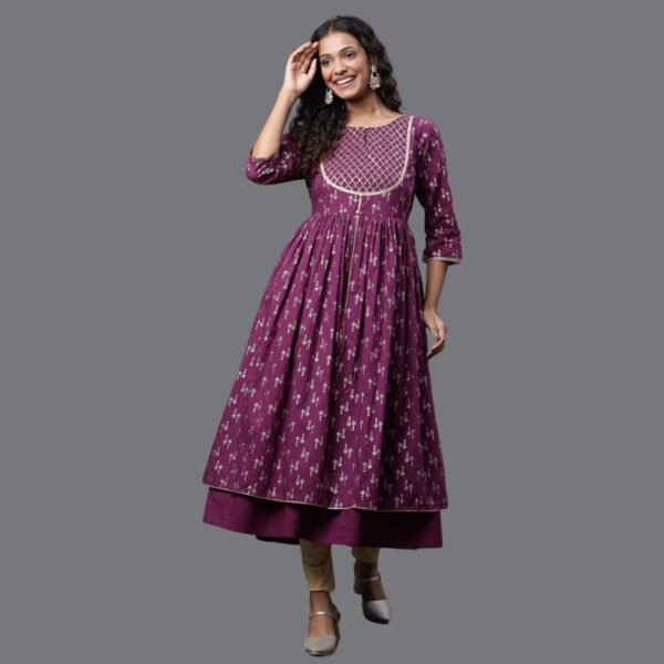 Purple Heavy Yoke Embroidered Flared Kurta