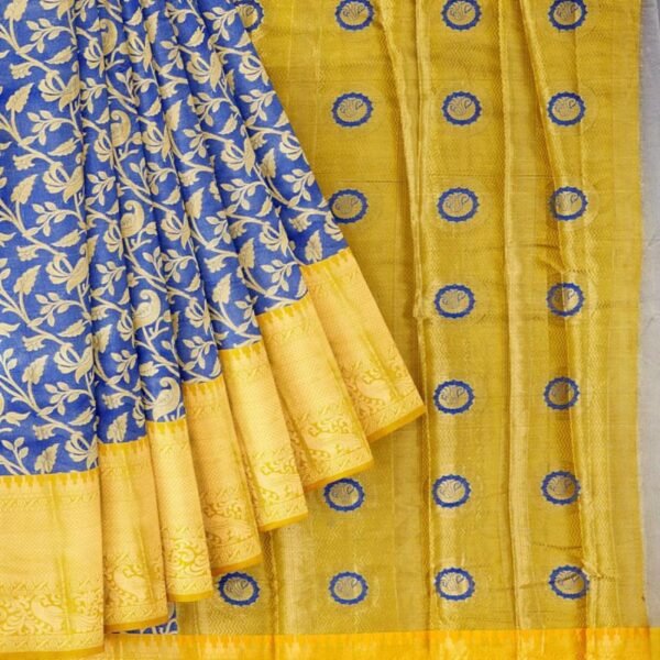 ROYAL BLUE and PINK FLORAL JAAL TISSUE Saree with BANARASI FANCY - Image 2