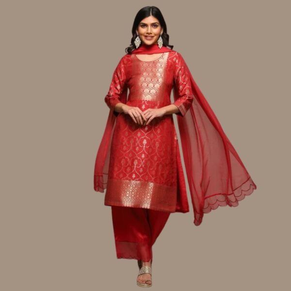 Rust Viscose & Metallic Straight Kurta Palazzo Suit Set
