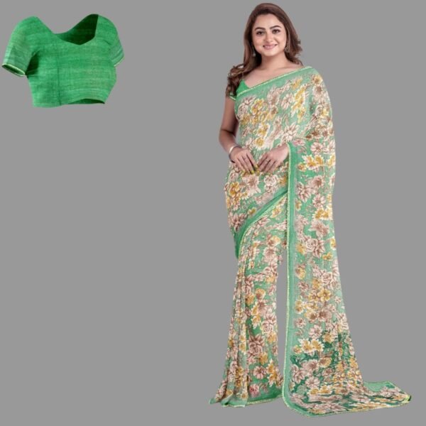 SEA GREEN and MULTI FLORALS CHIFFON Saree with FANCY