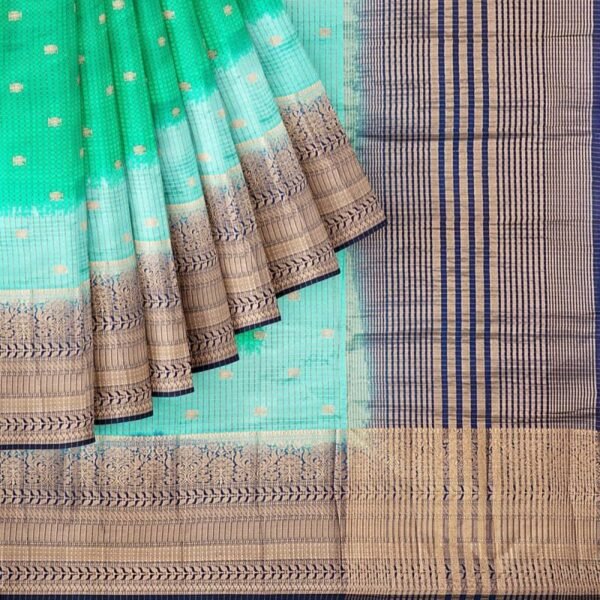 SEA GREEN and NAVY BLUE CHECKS AND BUTTIS SILK Saree with BANARASI FANCY - Image 2