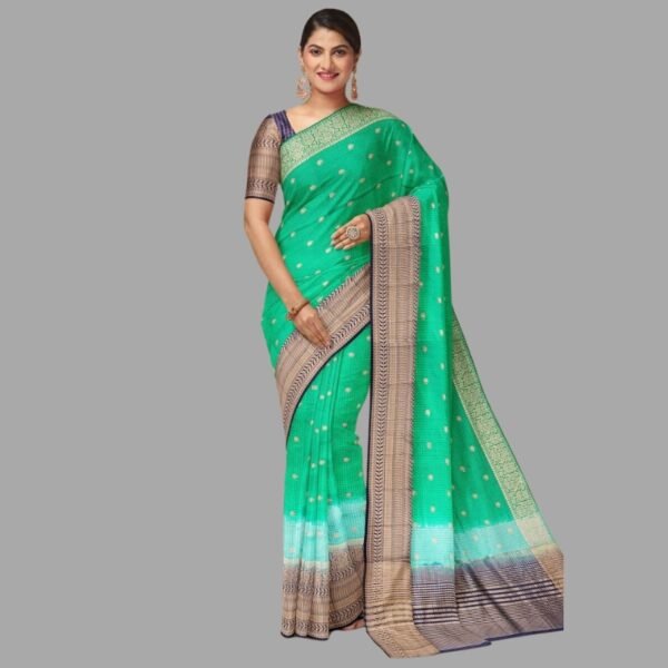 SEA GREEN and NAVY BLUE CHECKS AND BUTTIS SILK Saree with BANARASI FANCY