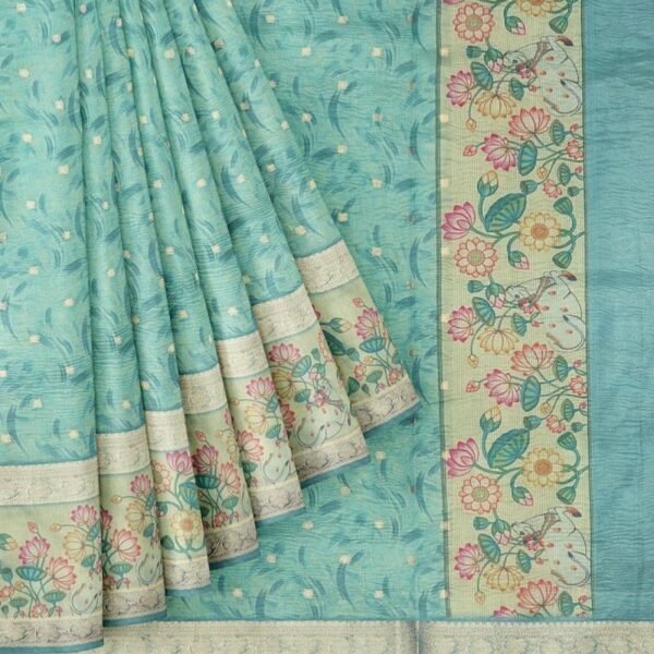 SKY BLUE and GOLD BUTTIS GLASS KORA Saree with BANARASI FANCY - Image 2