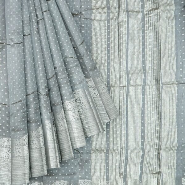 Semi Tussar Silk Polka Dot Design Ash Saree - Image 2