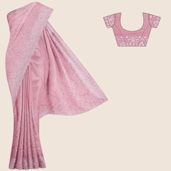 Shimmer Georgette Embroidary Work Dark Pink Saree