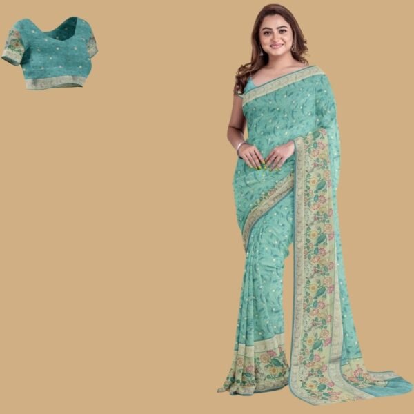 SKY BLUE and GOLD BUTTIS GLASS KORA Saree with BANARASI FANCY
