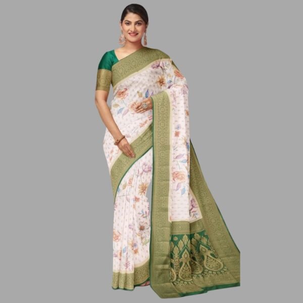 WHITE and DARK GREEN FLORALS SATIN SILK Saree with BANARASI FANCY