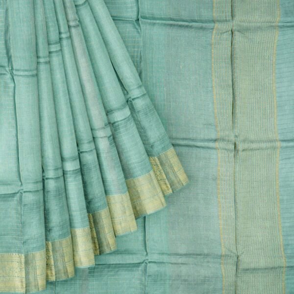 Soft Chiniya Gadhi Checks Light Teal Green And Pink Saree - Image 2