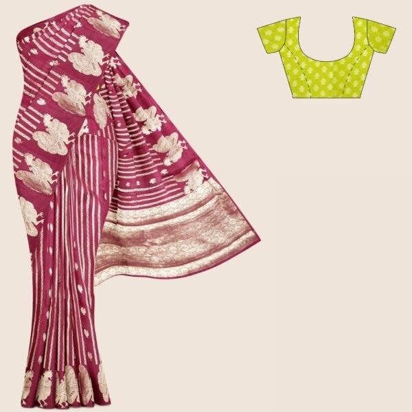 Soft Chiniya Silk Zari Lines Peacock Border Dark Chocolate And Light Green Saree